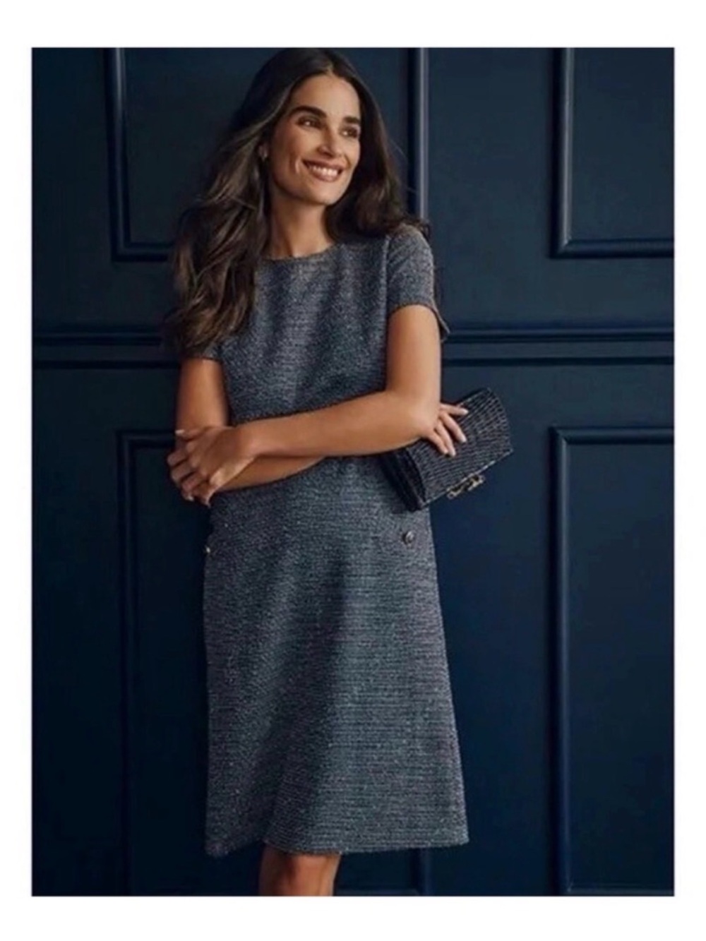 J. McLaughlin Blue Short-Sleeve Tweed Midi Dress